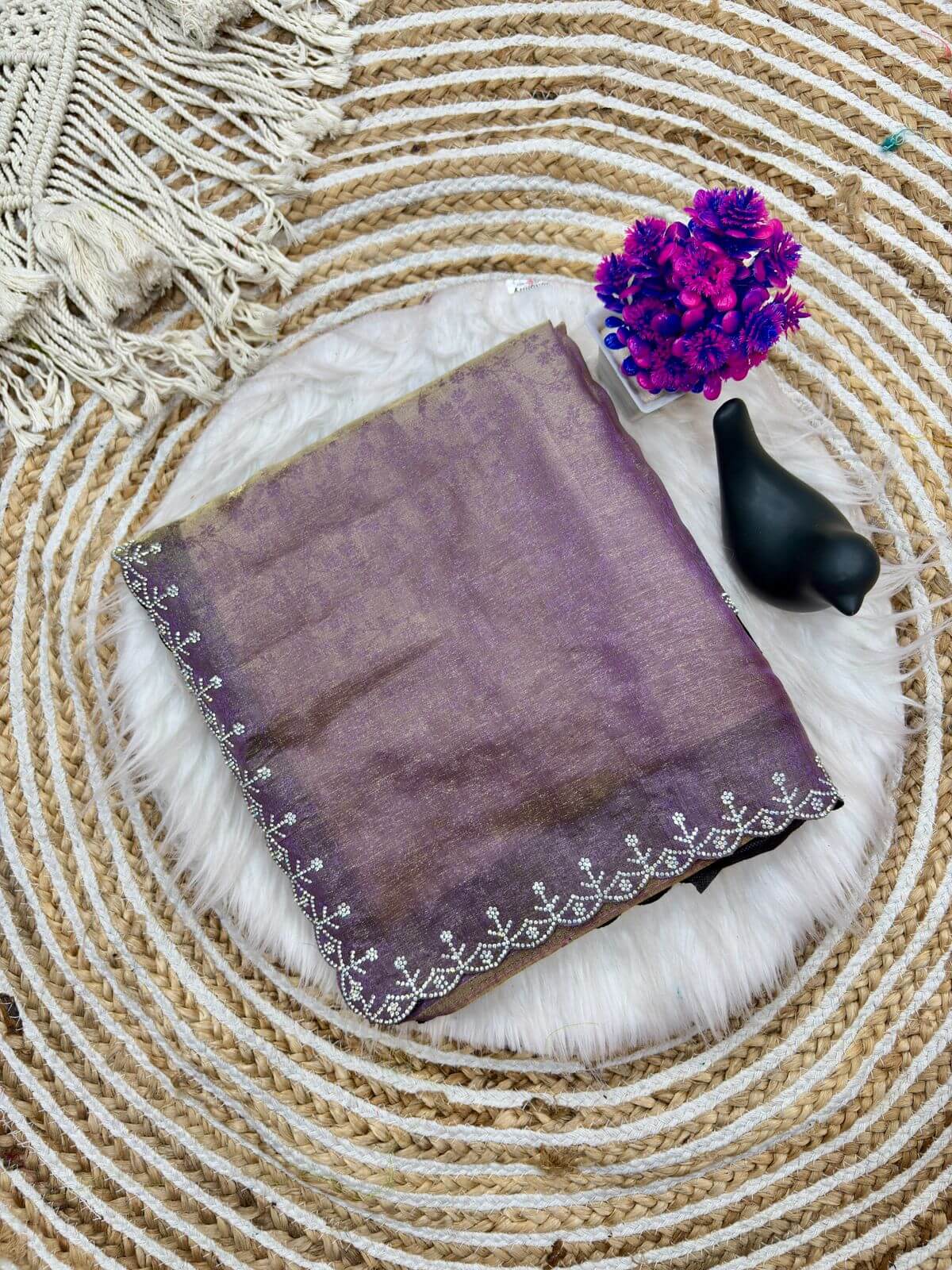 Flaunt Lavender Swarovski Work Fandy Silk Saree With Sumptuous Blouse Piece