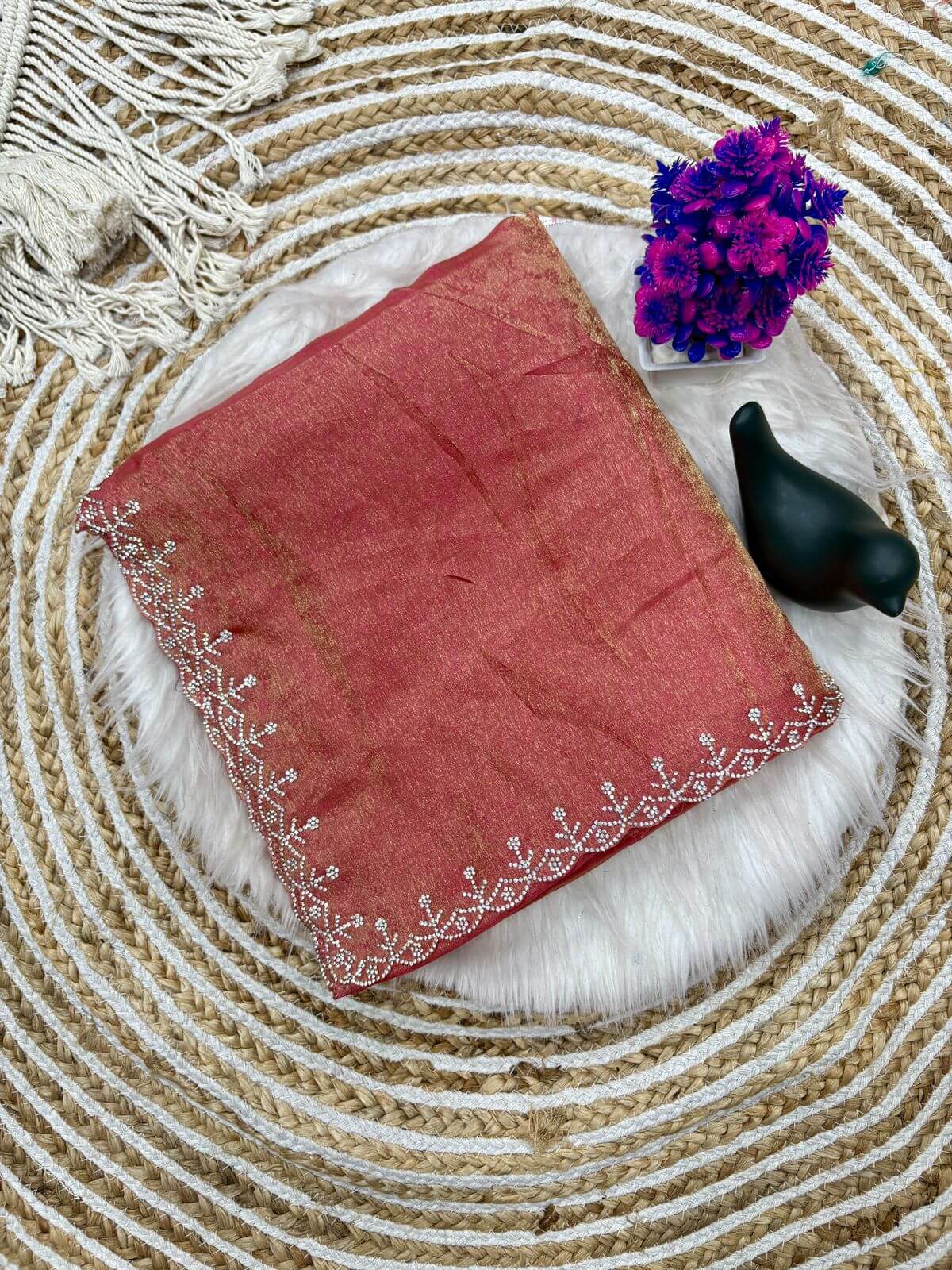Confounding Pink Swarovski Work Fandy Silk Saree With Evocative Blouse Piece