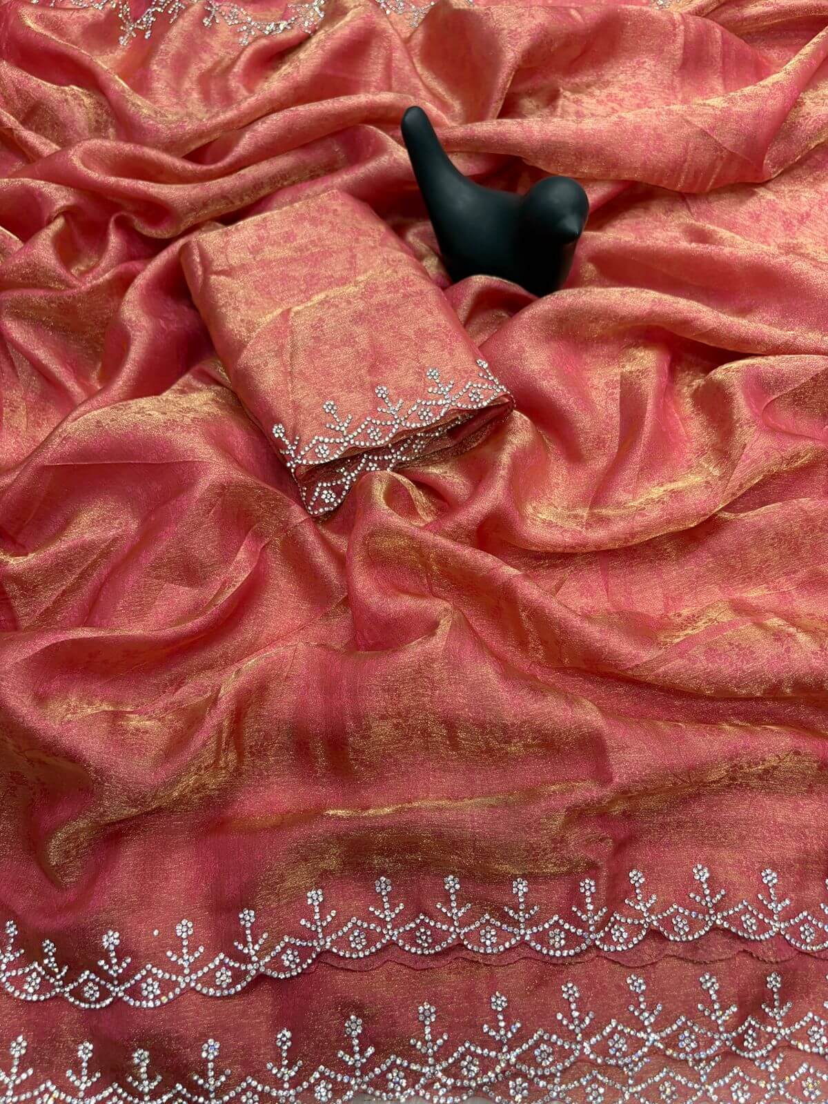 Confounding Pink Swarovski Work Fandy Silk Saree With Evocative Blouse Piece