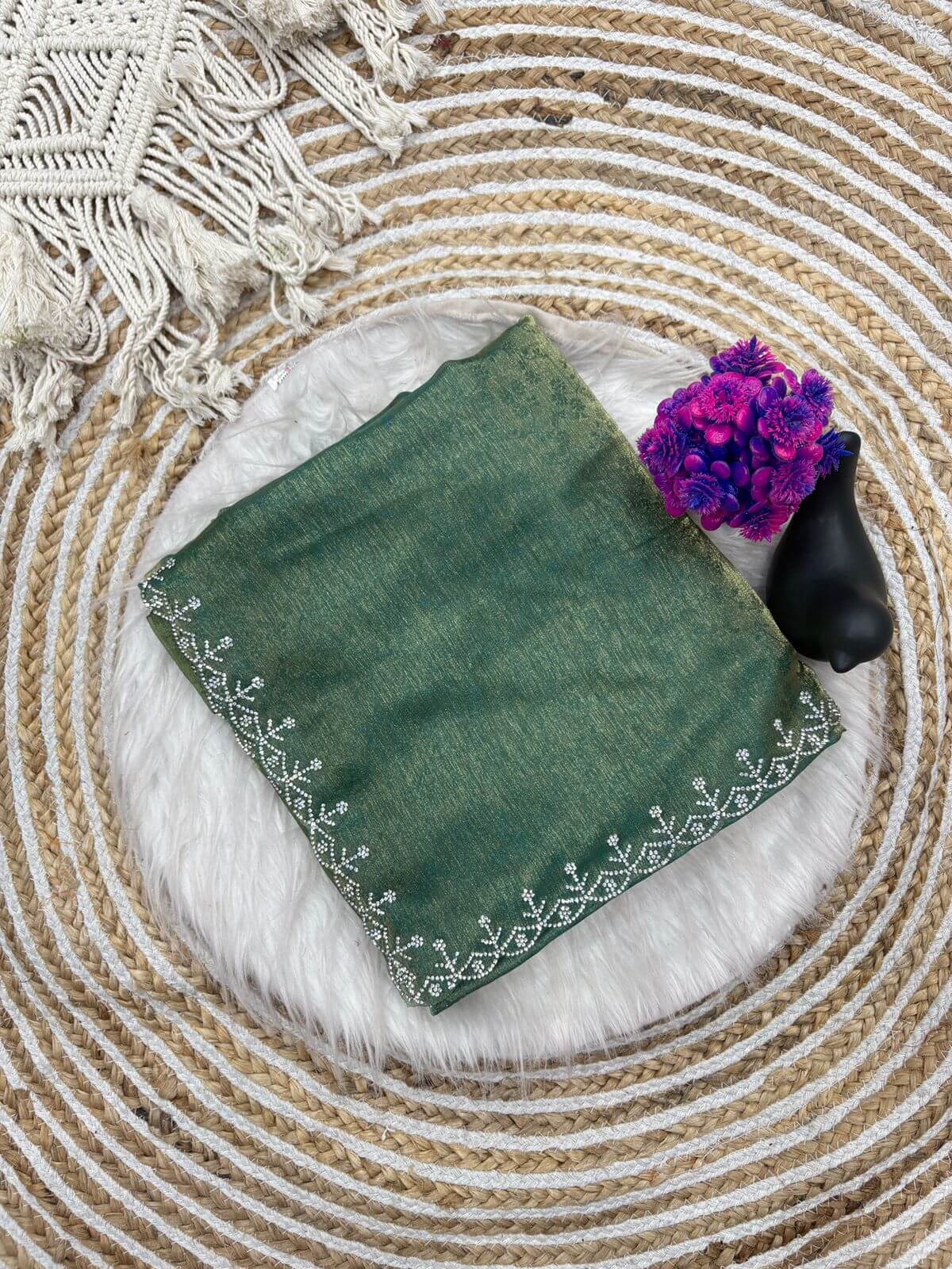 Pleasant Sea Green Swarovski Work Fandy Silk Saree With Phenomenal Blouse Piece