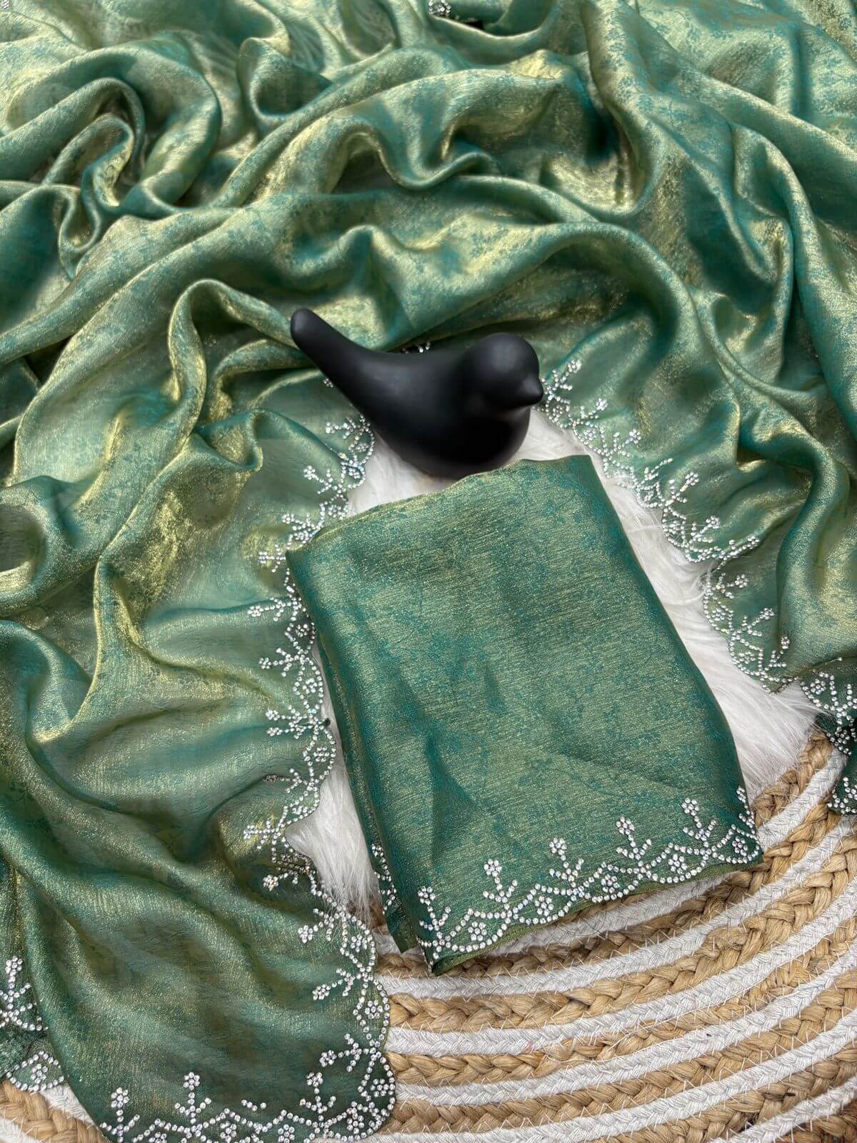 Pleasant Sea Green Swarovski Work Fandy Silk Saree With Phenomenal Blouse Piece