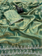 Pleasant Sea Green Swarovski Work Fandy Silk Saree With Phenomenal Blouse Piece