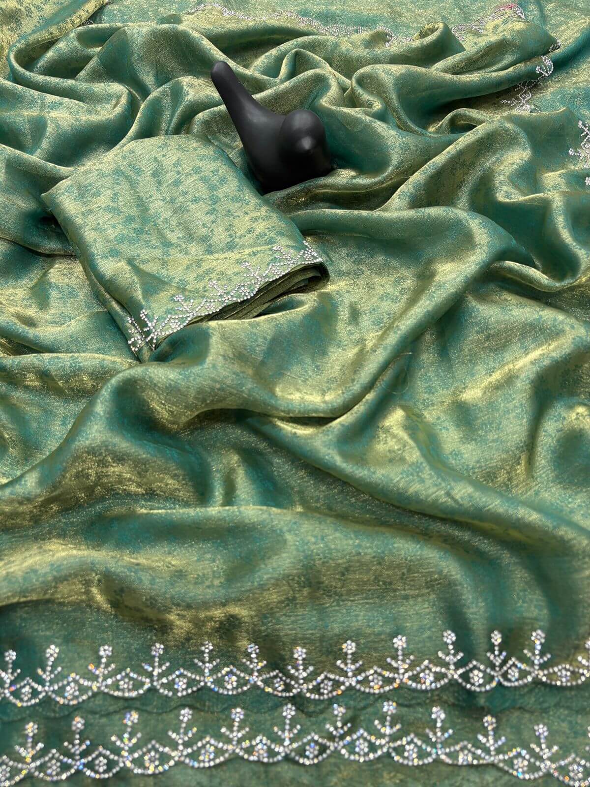 Pleasant Sea Green Swarovski Work Fandy Silk Saree With Phenomenal Blouse Piece