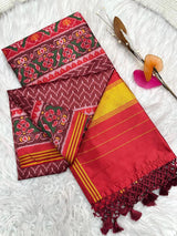 Desultory Wine Ikkat Printed Patola Silk Saree With Adorning Blouse Piece