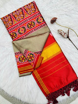 Allure Dark Beige Ikkat Printed Patola Silk Saree With Winsome Blouse Piece