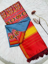 Charming Firozi Ikkat Printed Patola Silk Saree With Hypnotic Blouse Piece