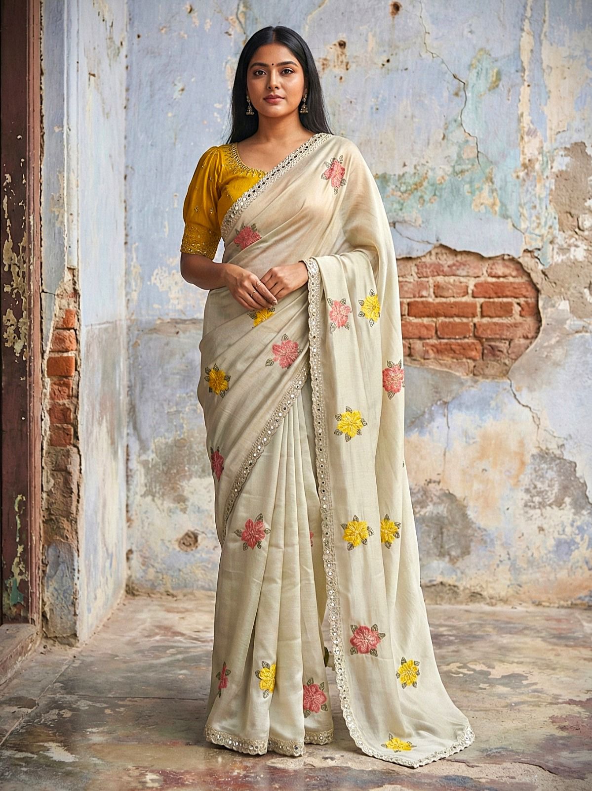 Fragrant Beige Embroidery Work Viscose Saree With Most Flattering Blouse Piece