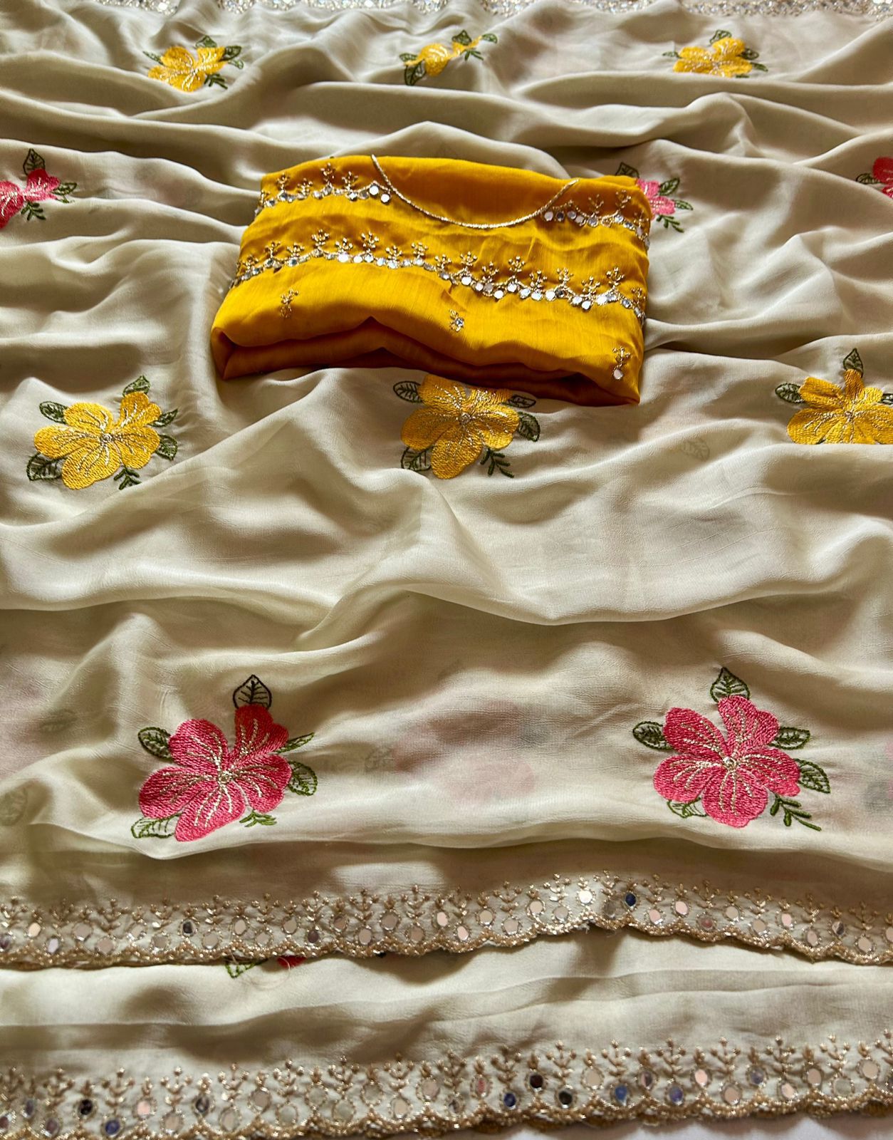 Fragrant Beige Embroidery Work Viscose Saree With Most Flattering Blouse Piece