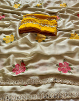 Fragrant Beige Embroidery Work Viscose Saree With Most Flattering Blouse Piece