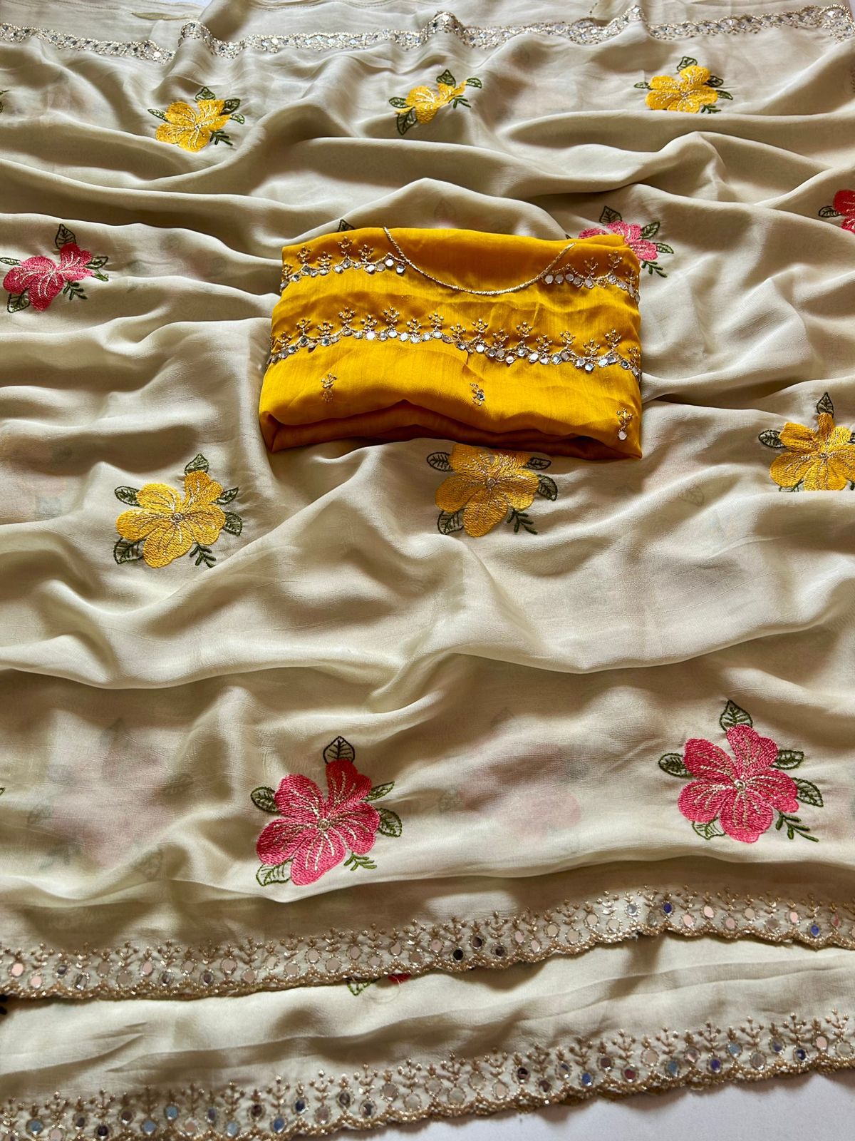 Fragrant Beige Embroidery Work Viscose Saree With Most Flattering Blouse Piece