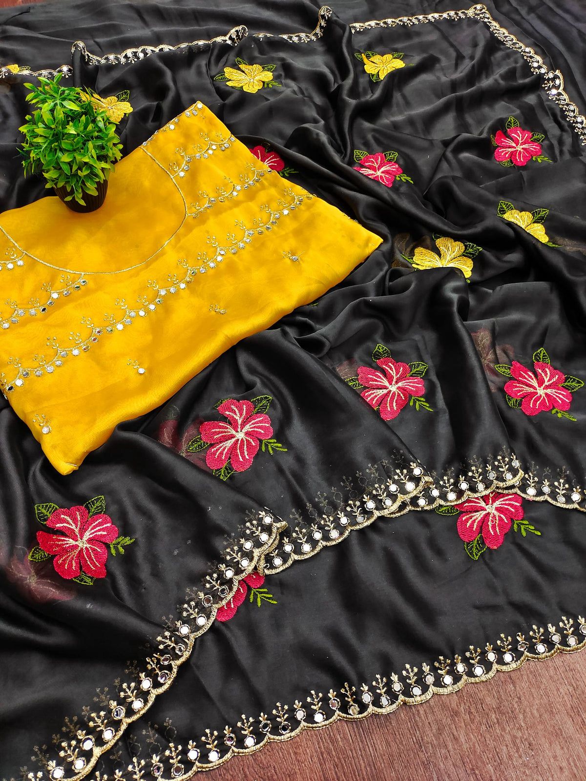 Sensational Black Embroidery Work Viscose Saree With Super extravagant Blouse Piece