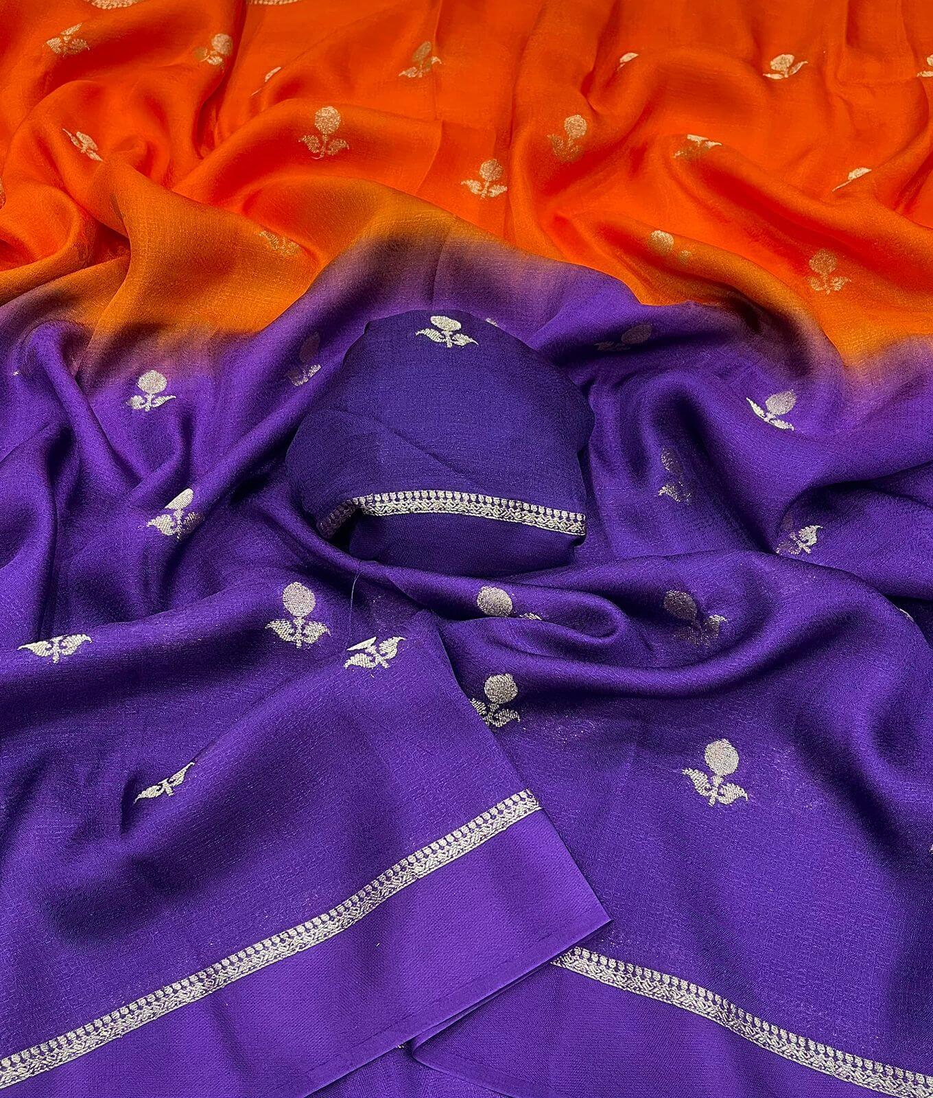 Stylish Orange and Purple Banarasi Khadi Silk Saree With Improbable Blouse Piece