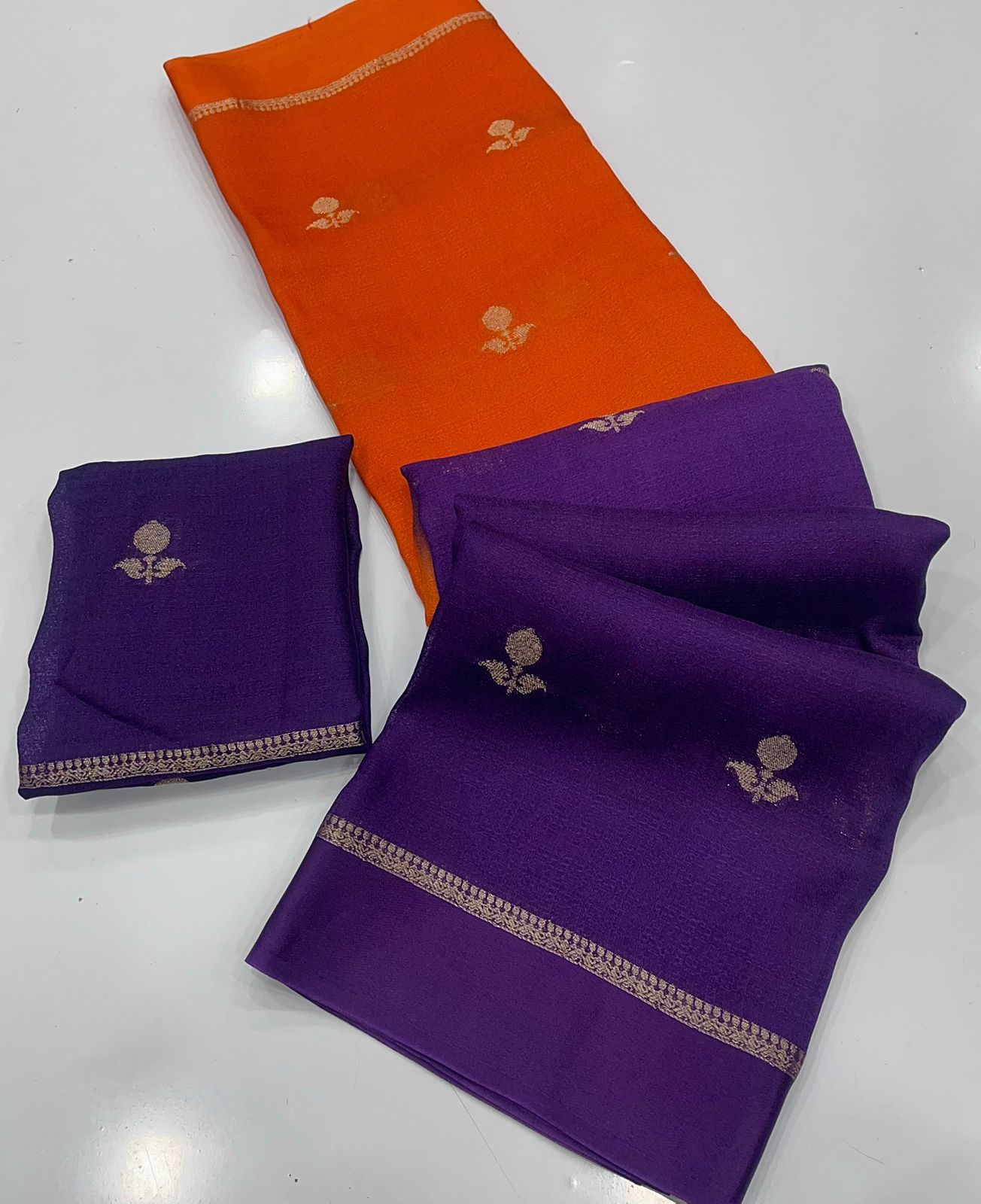 Stylish Orange and Purple Banarasi Khadi Silk Saree With Improbable Blouse Piece