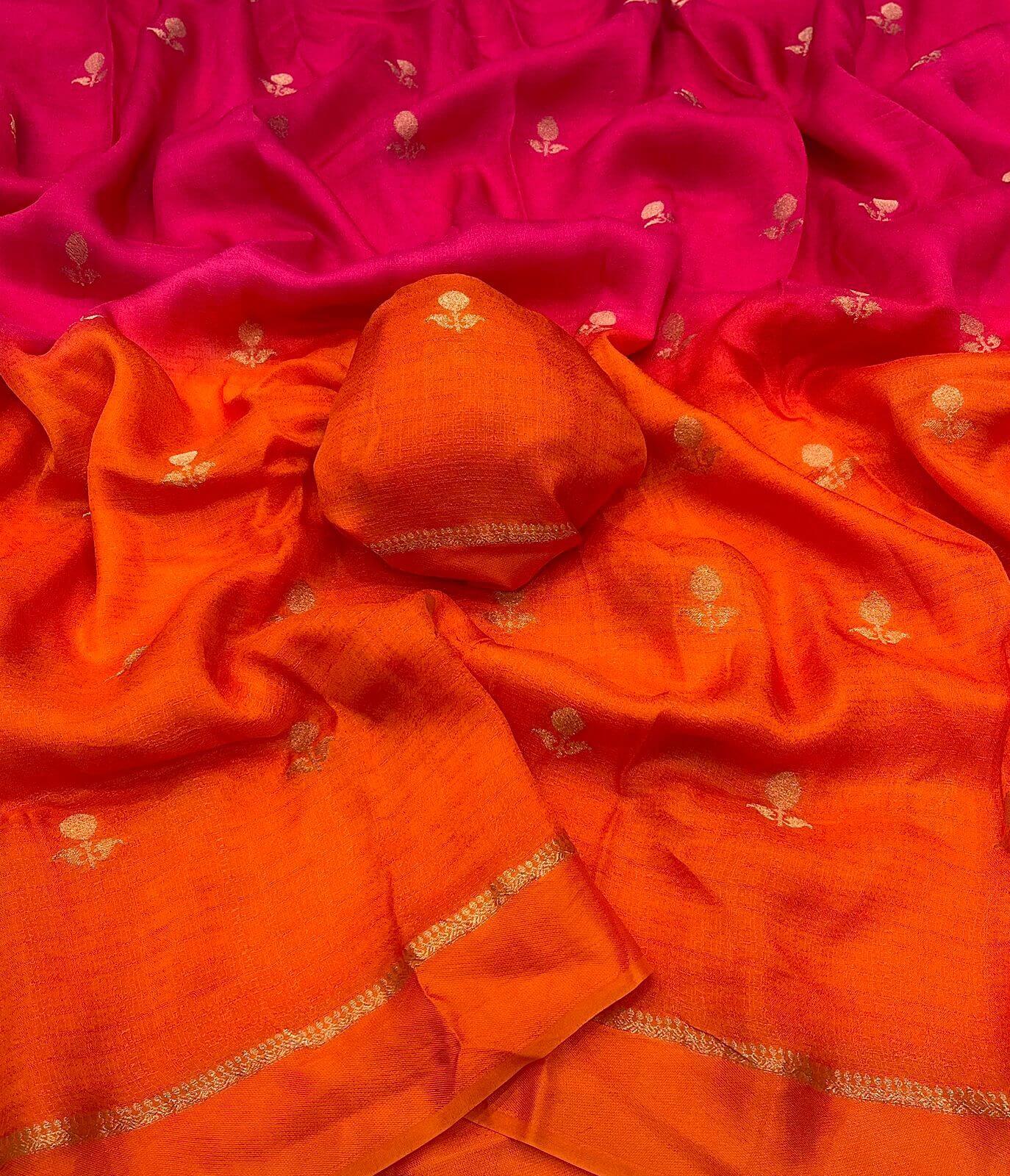 Lovely Pink and Orange Banarasi Khadi Silk Saree With Unique Blouse Piece