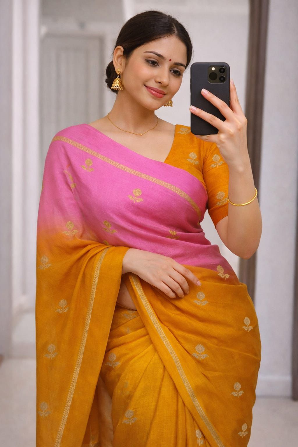 Twirling Pink and Yellow Banarasi Khadi Silk Saree With Effulgent Blouse Piece