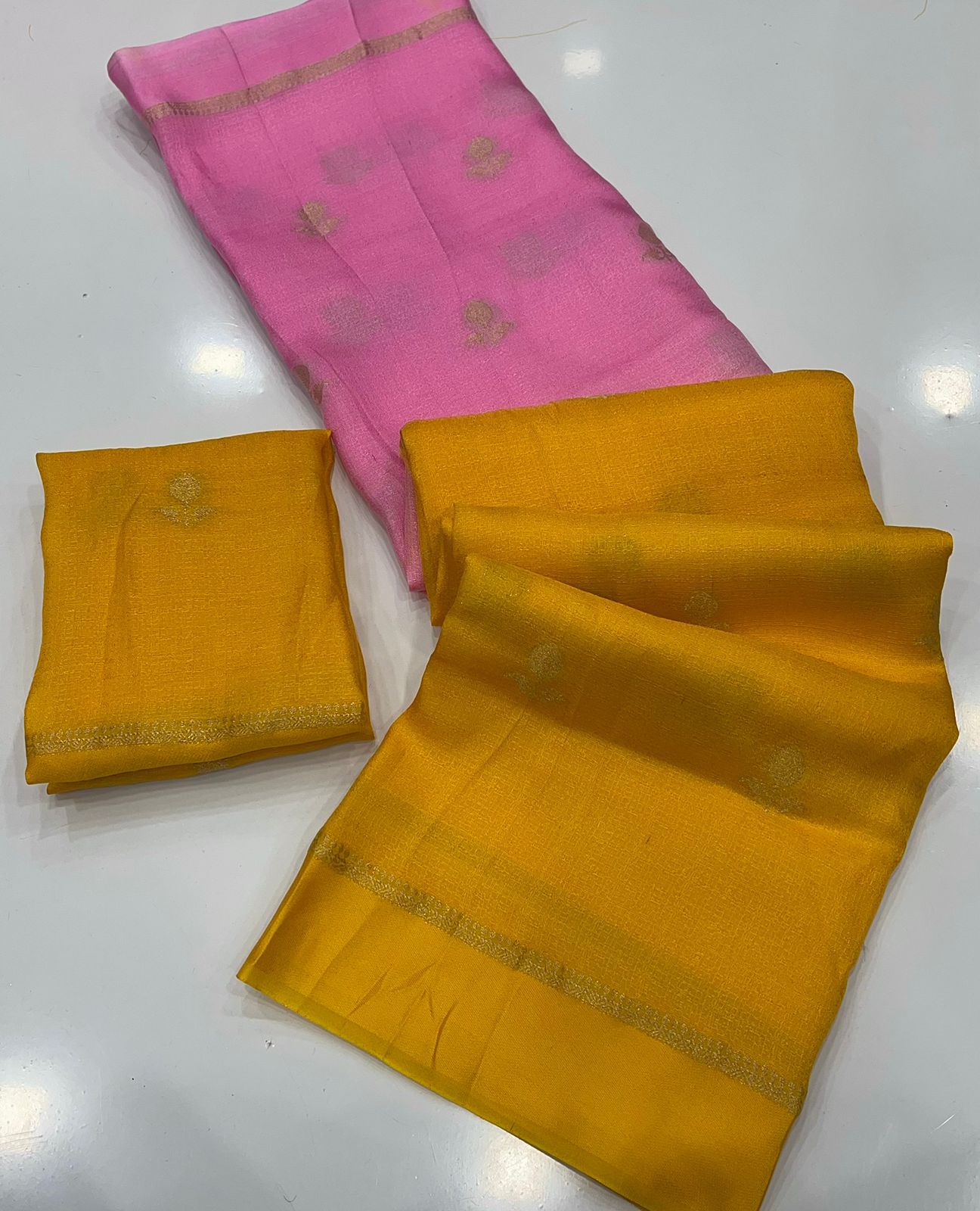 Twirling Pink and Yellow Banarasi Khadi Silk Saree With Effulgent Blouse Piece