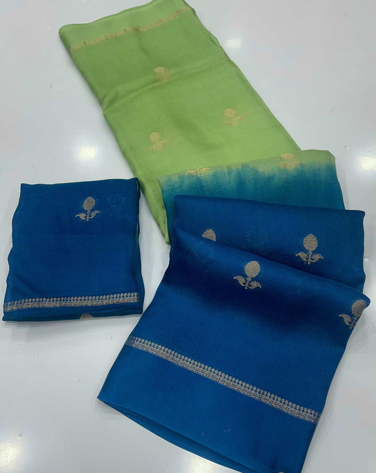 Prominent Pista and Blue Banarasi Khadi Silk Saree With Arresting Blouse Piece