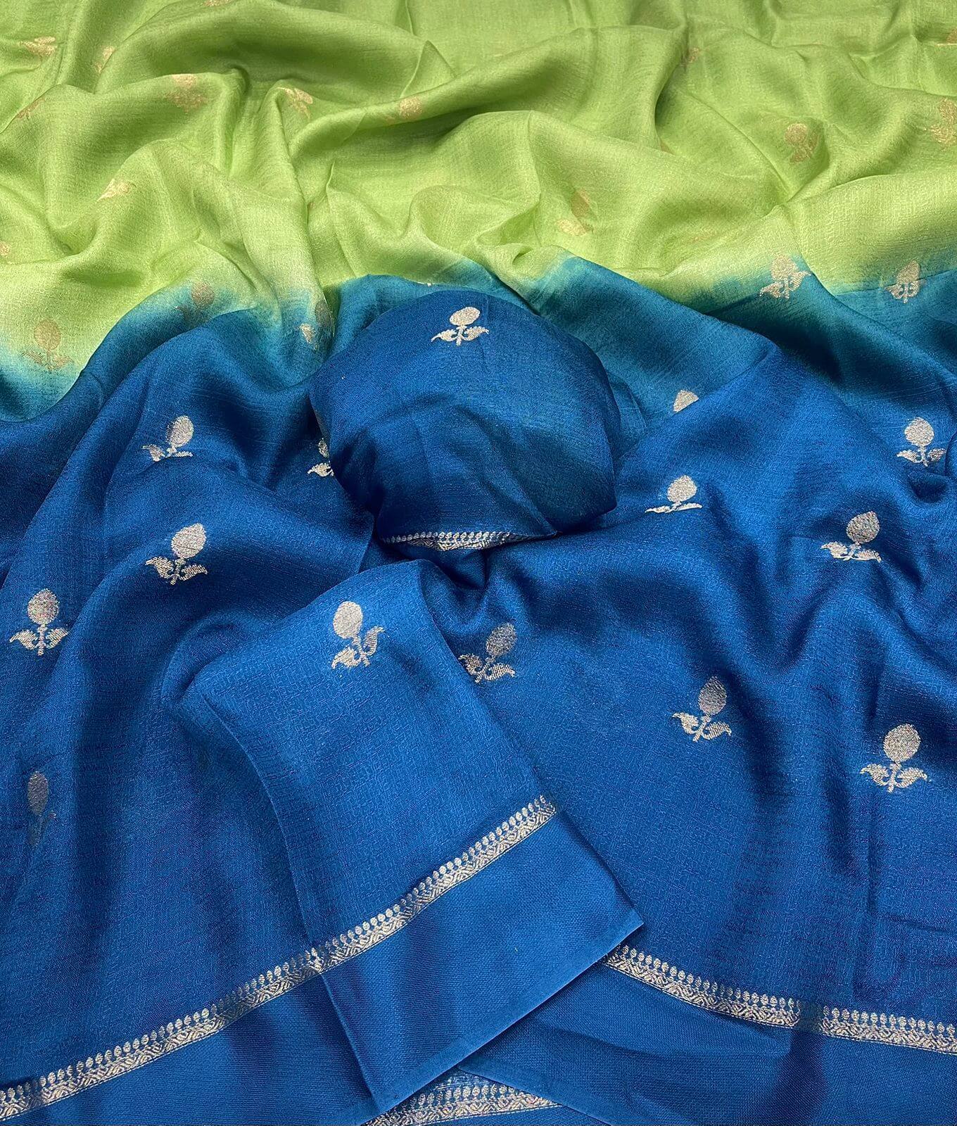 Prominent Pista and Blue Banarasi Khadi Silk Saree With Arresting Blouse Piece