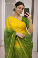 Amiable Yellow and Green Banarasi Khadi Silk Saree With Sempiternal Blouse Piece