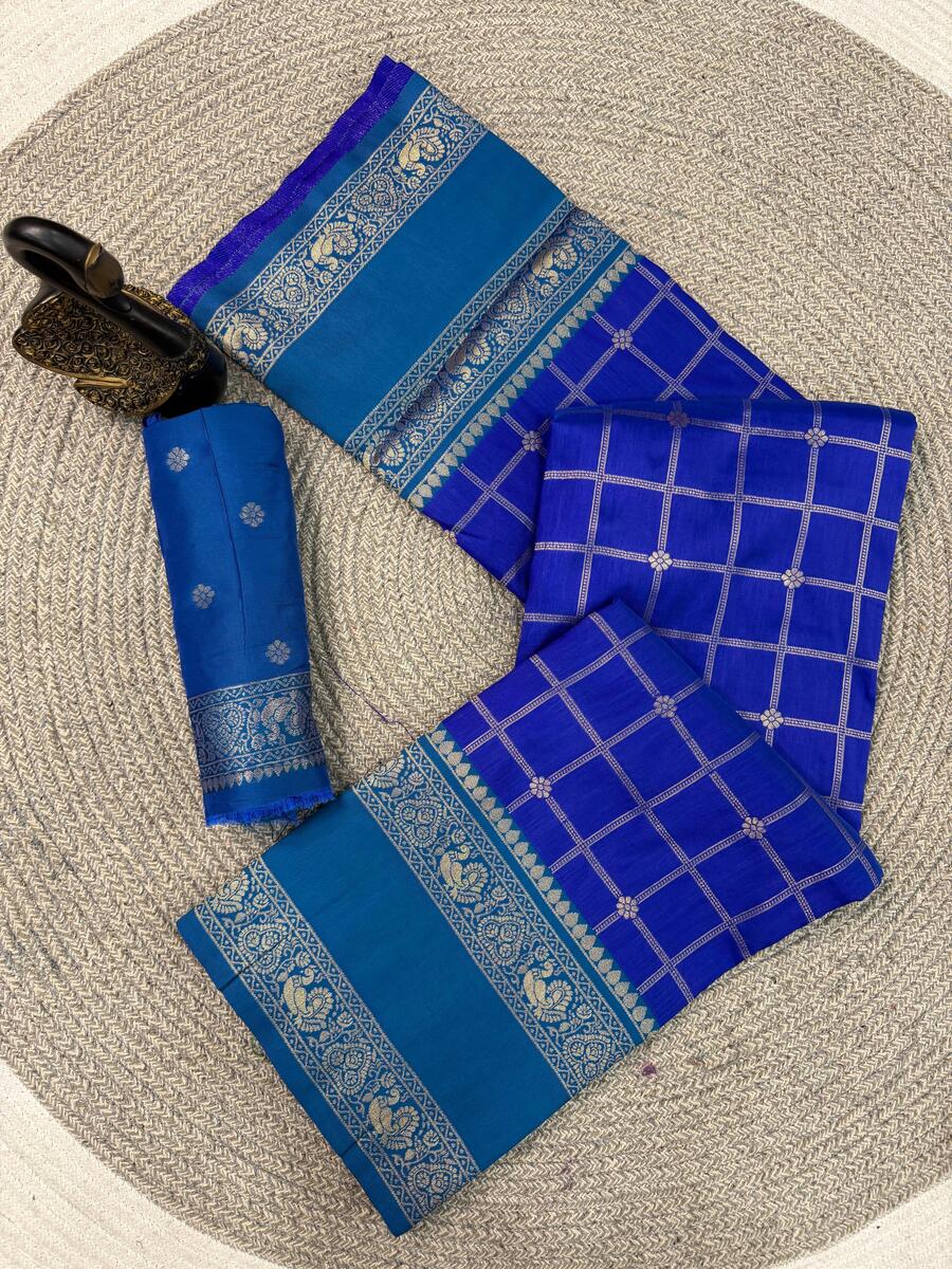 Designer Royal Blue Pure Zari Weaving Banarasi Silk Saree With Lustrous Blouse Piece