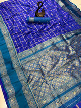 Designer Royal Blue Pure Zari Weaving Banarasi Silk Saree With Lustrous Blouse Piece
