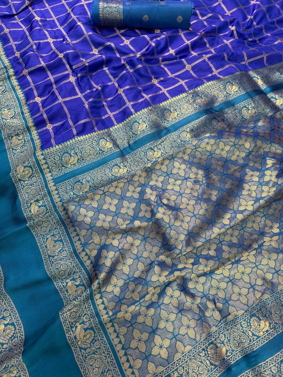 Designer Royal Blue Pure Zari Weaving Banarasi Silk Saree With Lustrous Blouse Piece