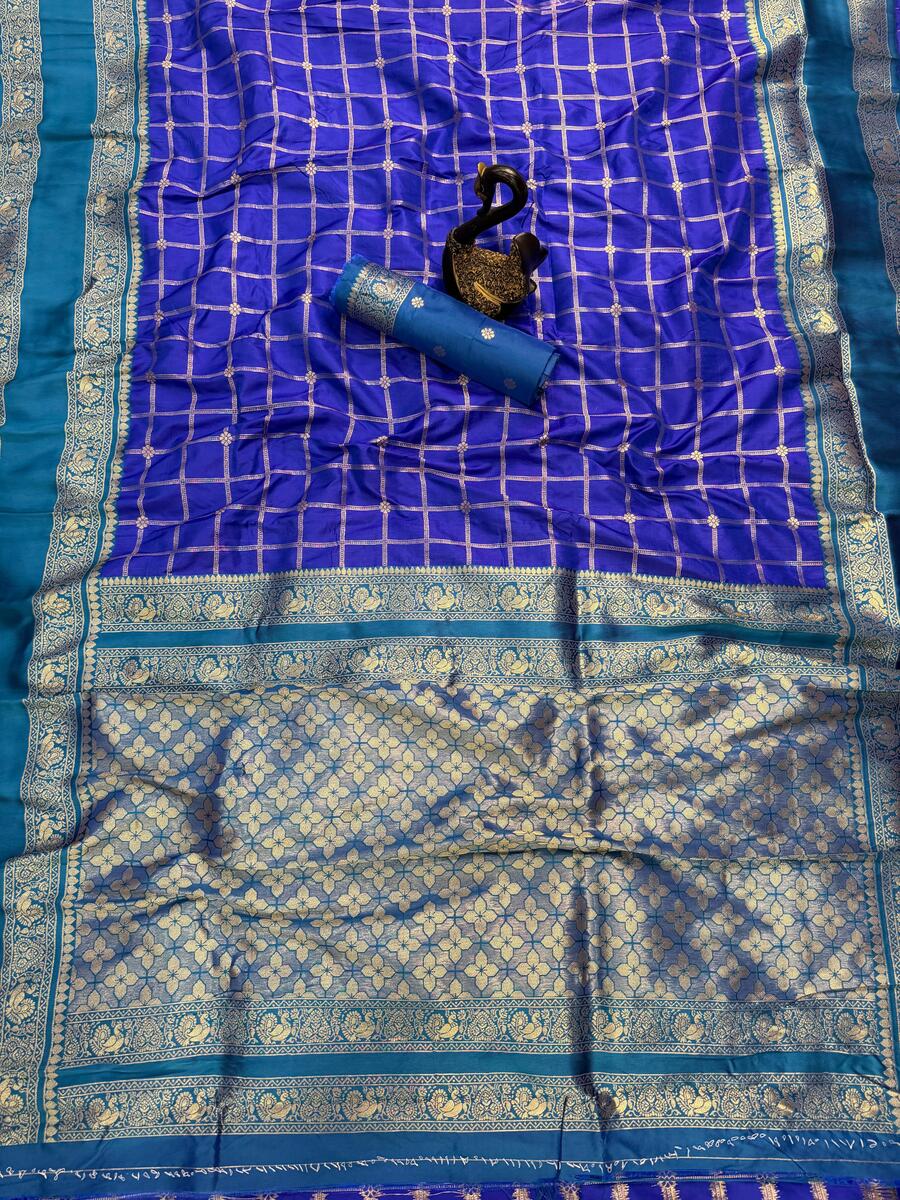Designer Royal Blue Pure Zari Weaving Banarasi Silk Saree With Lustrous Blouse Piece