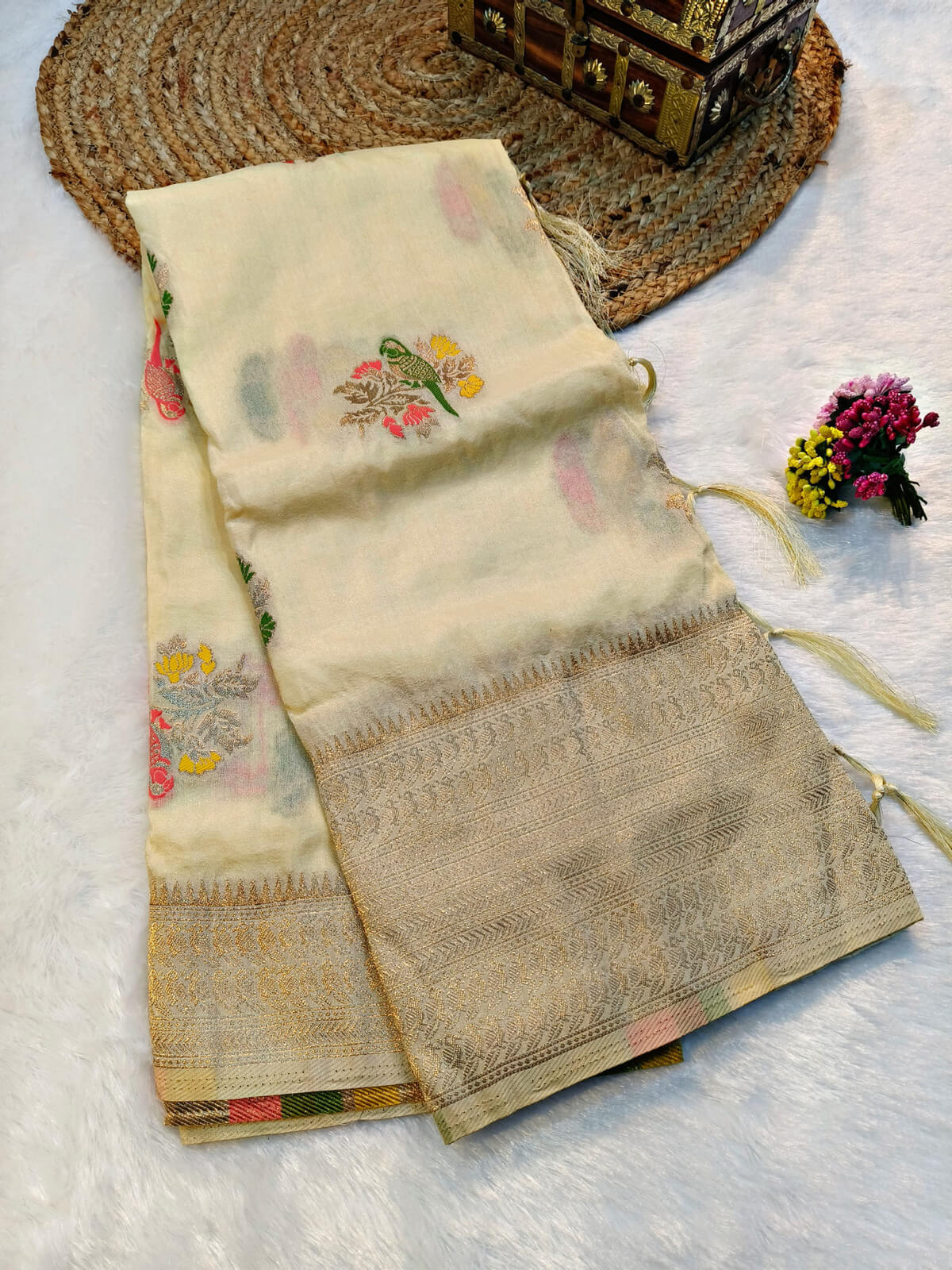 Vibrant Beige Banarasi Dola Silk Saree With Designer Blouse Piece