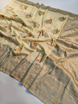 Vibrant Beige Banarasi Dola Silk Saree With Designer Blouse Piece