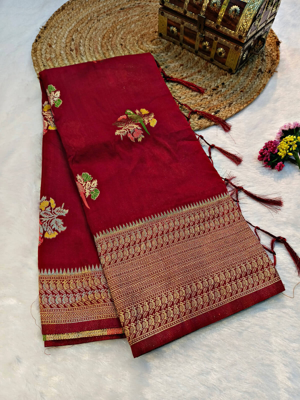 Impressive Maroon Banarasi Dola Silk Saree With Desirable Blouse Piece