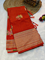 Preferable Orange Banarasi Dola Silk Saree With Dalliance Blouse Piece