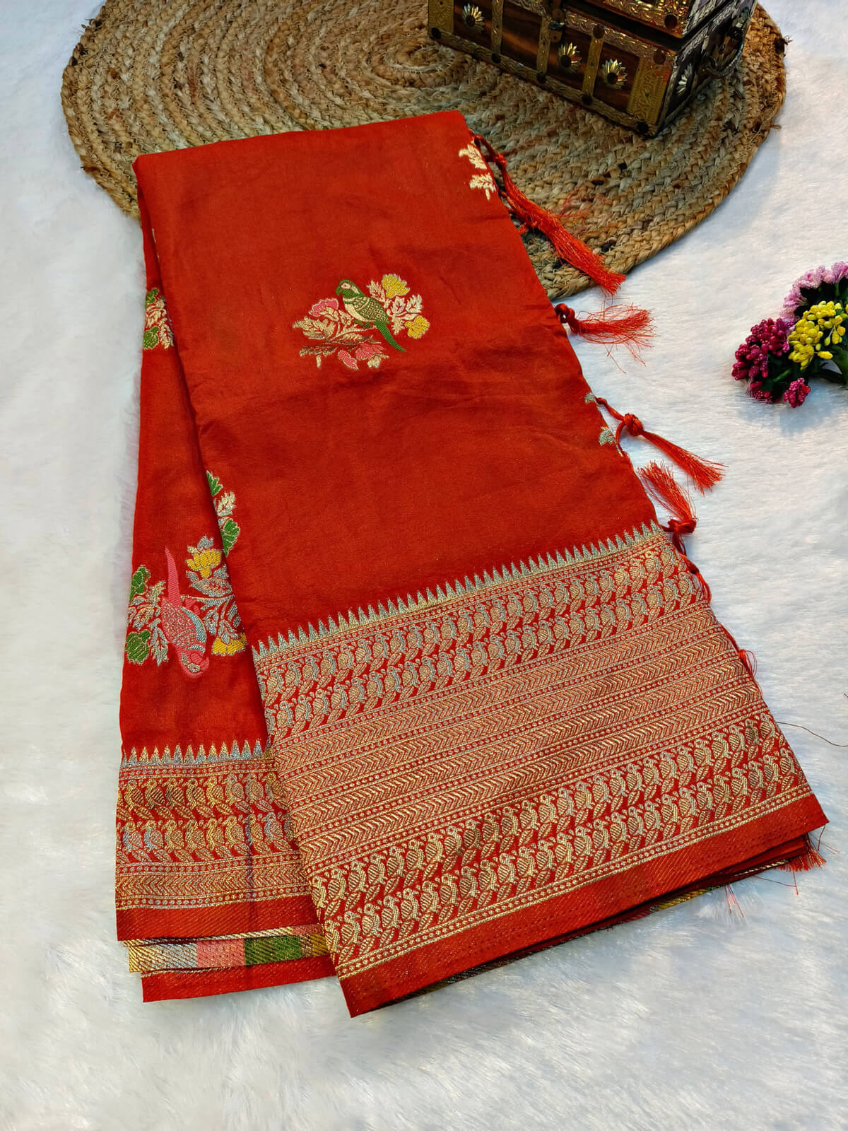 Preferable Orange Banarasi Dola Silk Saree With Dalliance Blouse Piece