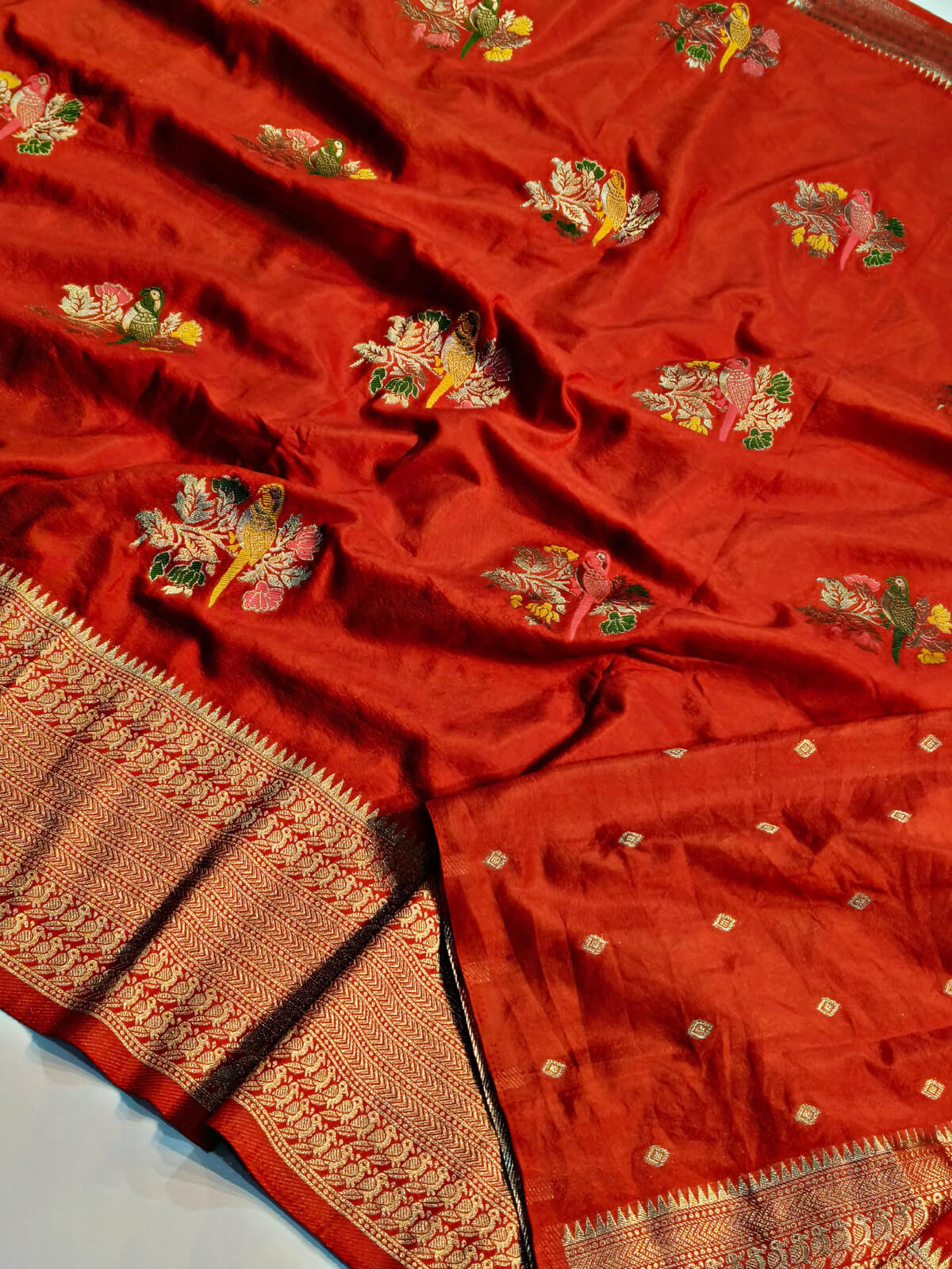 Preferable Orange Banarasi Dola Silk Saree With Dalliance Blouse Piece