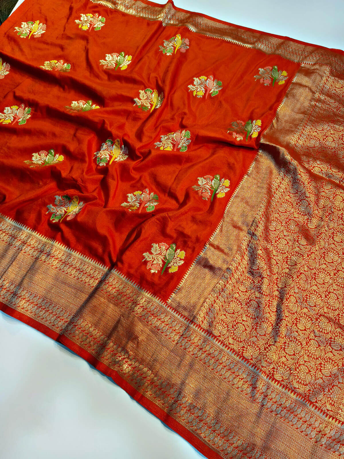 Preferable Orange Banarasi Dola Silk Saree With Dalliance Blouse Piece