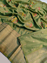 Sempiternal Pista Banarasi Dola Silk Saree With Girlish Blouse Piece