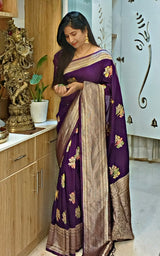 Sumptuous Purple Banarasi Dola Silk Saree With Intricate Blouse Piece