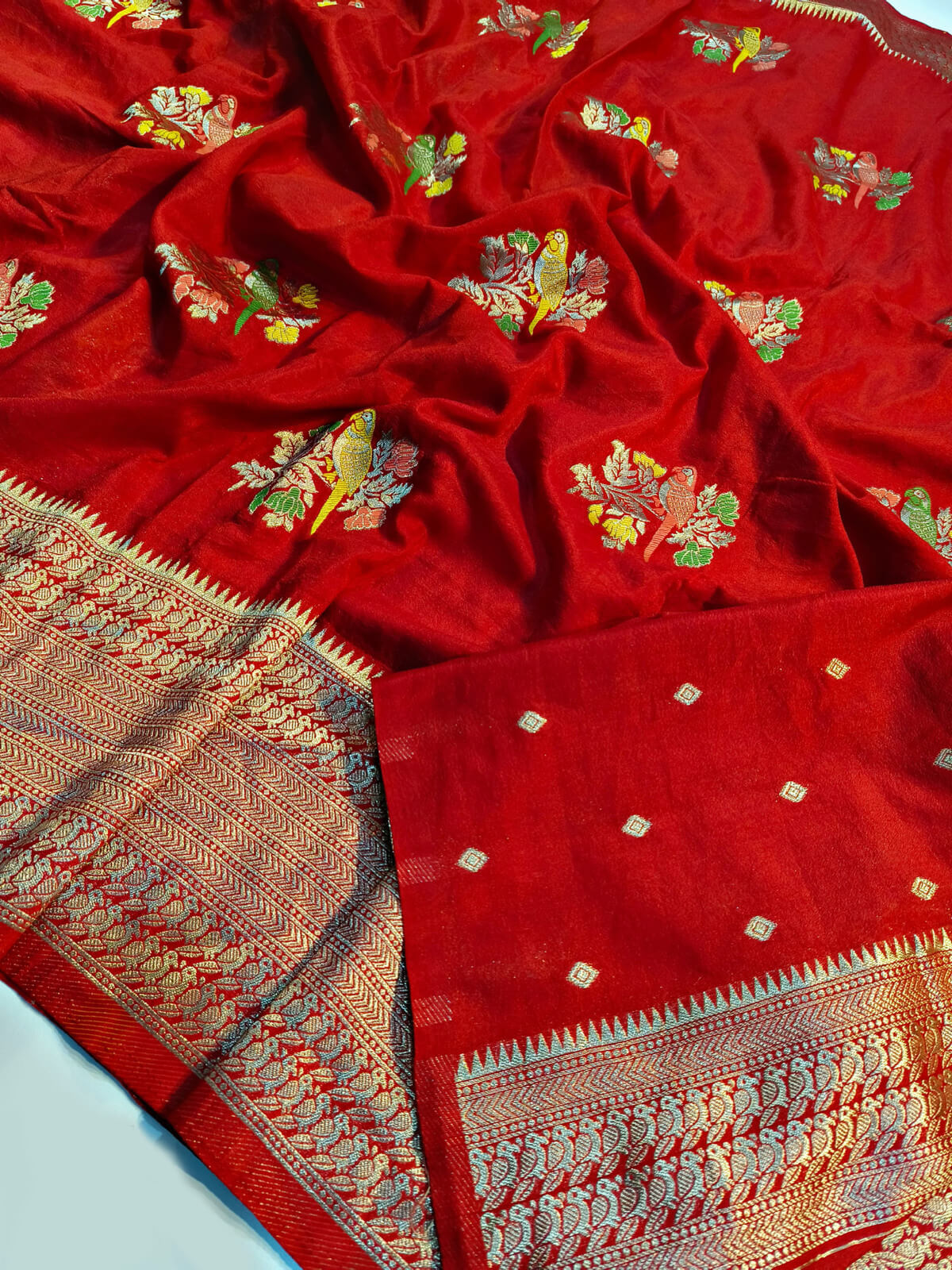 Ethnic Red Banarasi Dola Silk Saree With Deserving Blouse Piece