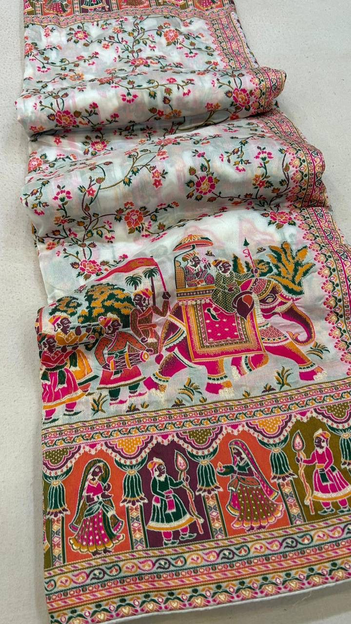 Beleaguer Off White Pashmina Silk Saree With Flamboyant Blouse Piece