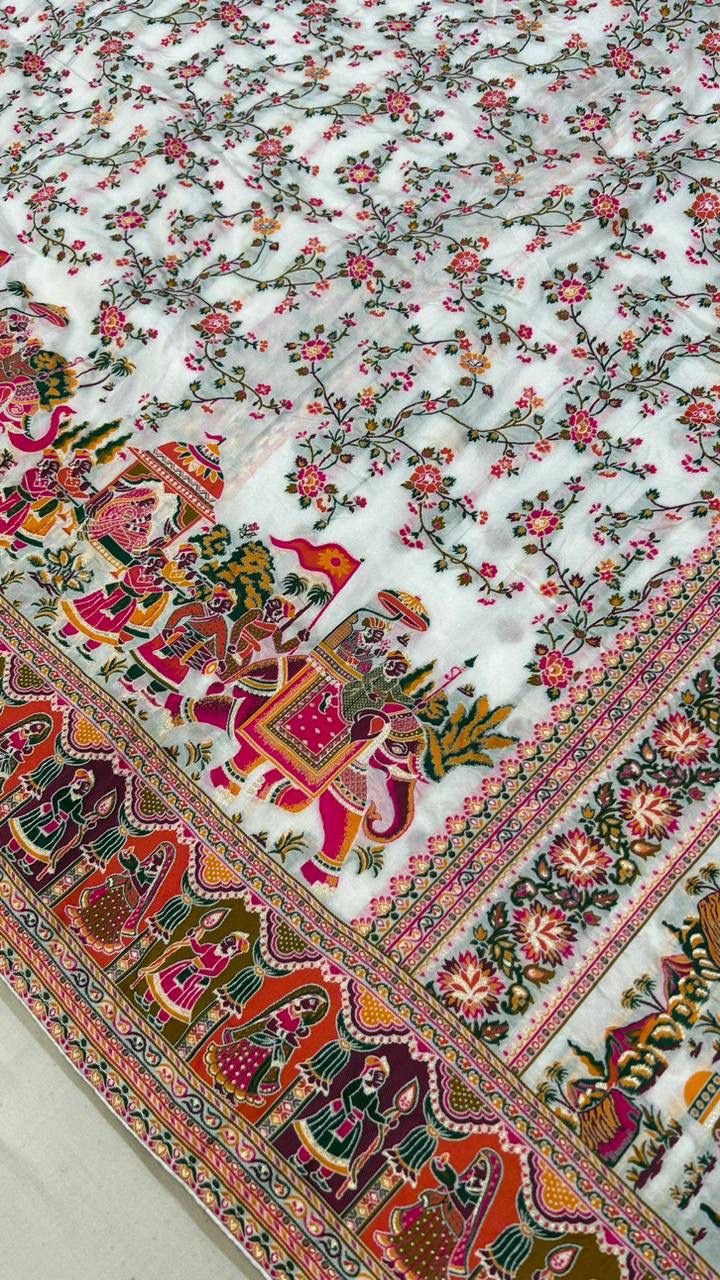 Beleaguer Off White Pashmina Silk Saree With Flamboyant Blouse Piece