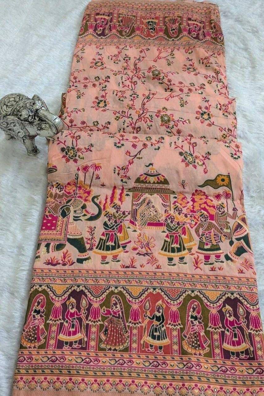 Outstanding Peach Pashmina Silk Saree With Devastating Blouse Piece