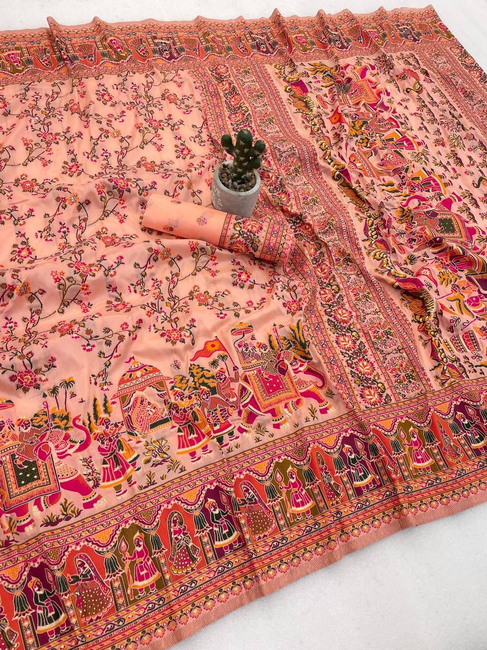 Outstanding Peach Pashmina Silk Saree With Devastating Blouse Piece