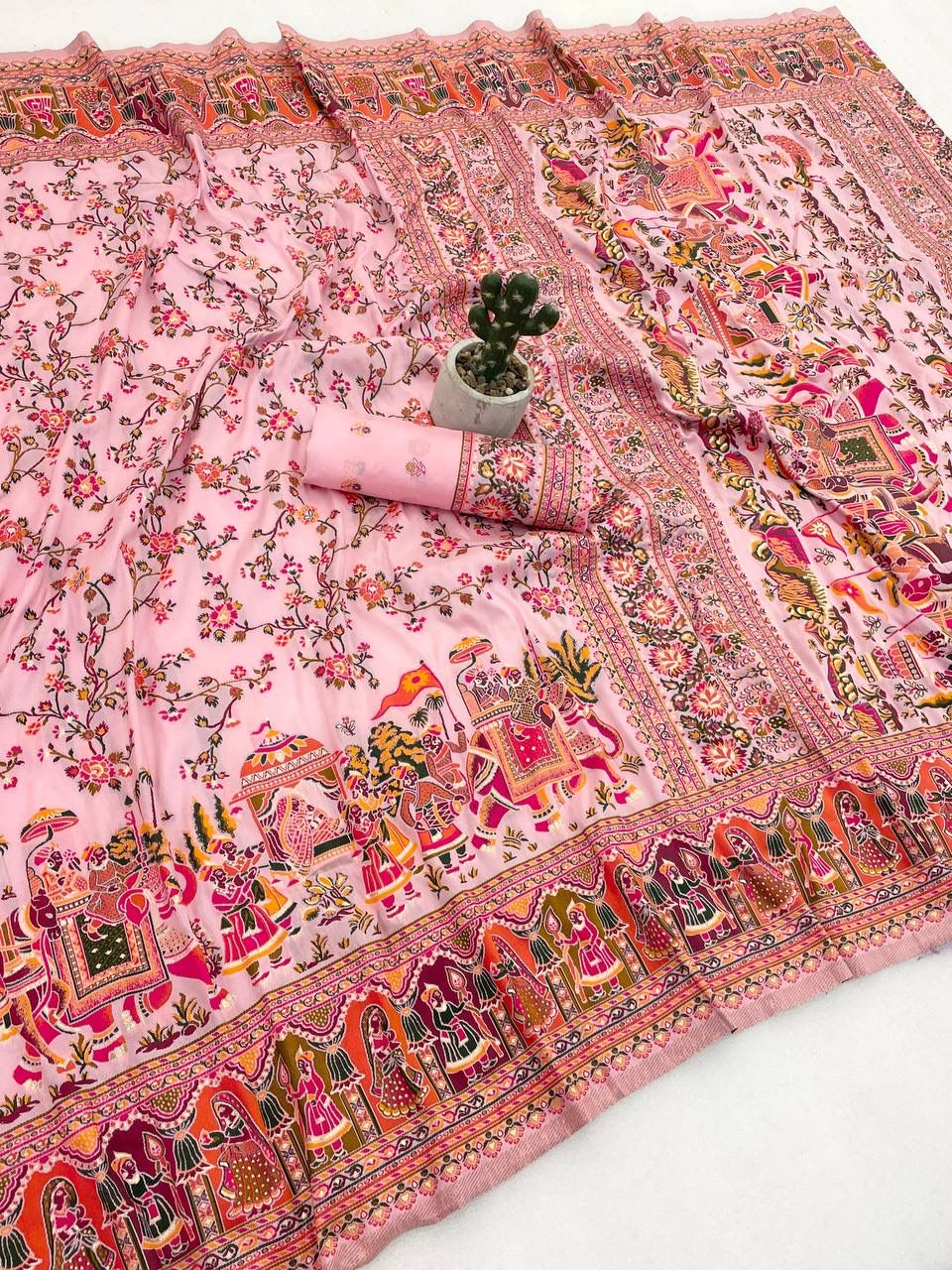 Lissome Pink Pashmina Silk Saree With Trendy Blouse Piece