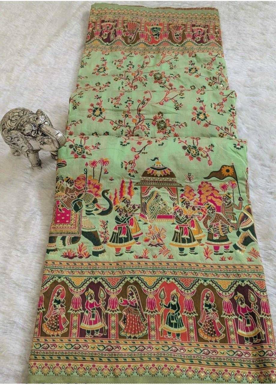 Energetic Pista Pashmina Silk Saree With Demure Blouse Piece