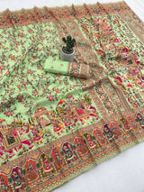 Energetic Pista Pashmina Silk Saree With Demure Blouse Piece