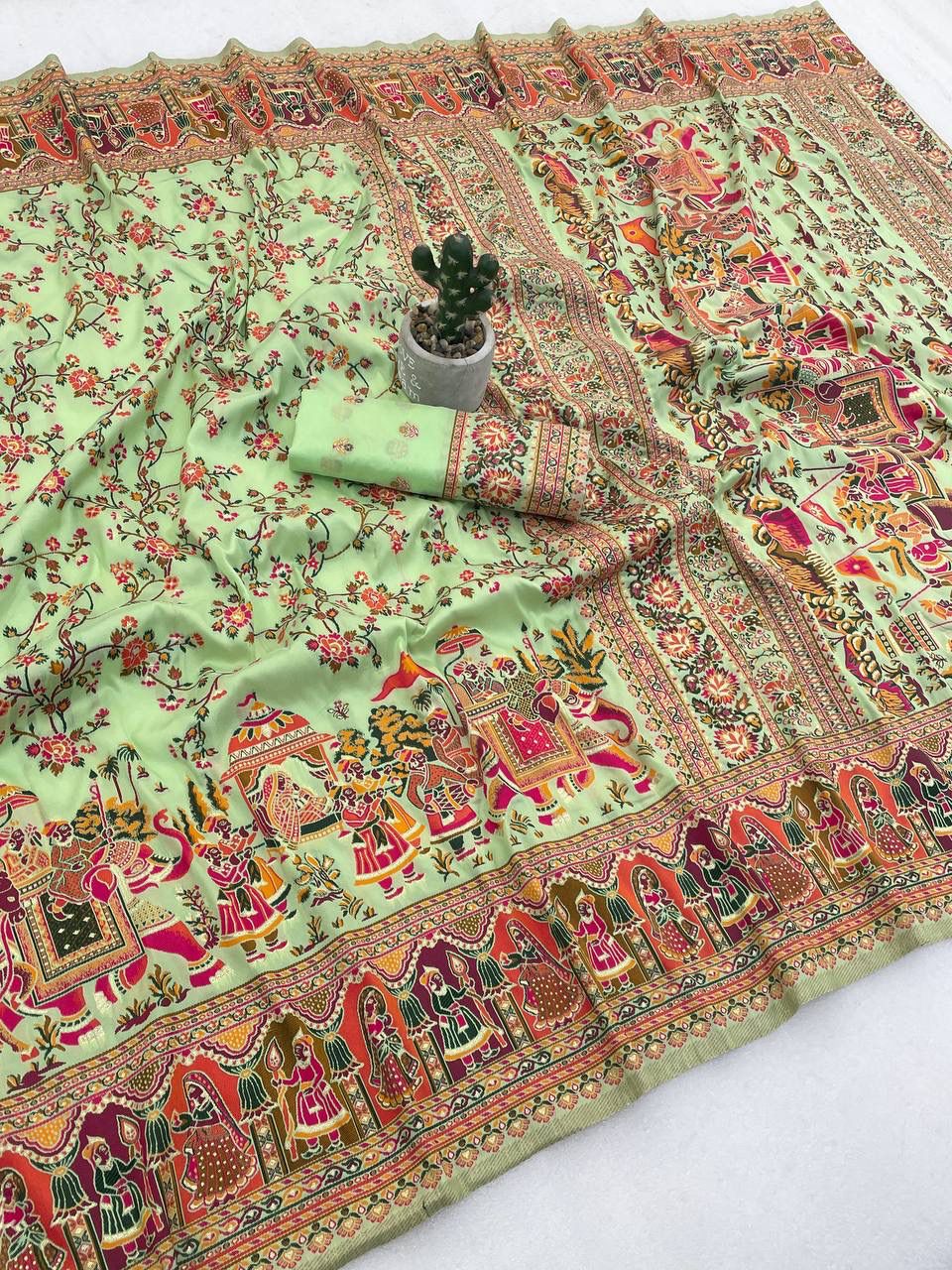 Energetic Pista Pashmina Silk Saree With Demure Blouse Piece