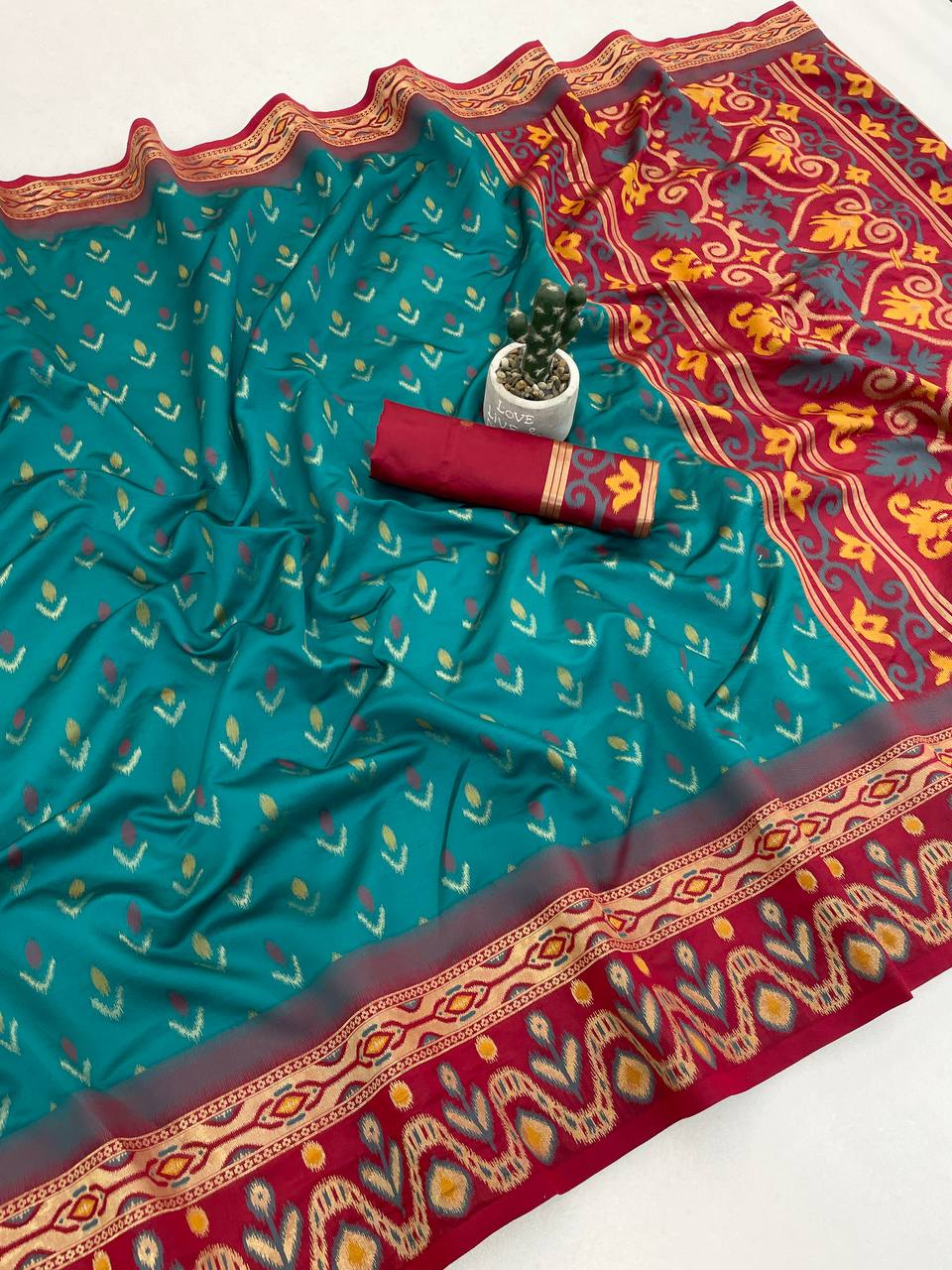 Petrichor Rama Banarasi Ikkat Silk Saree With Embellished Blouse Piece