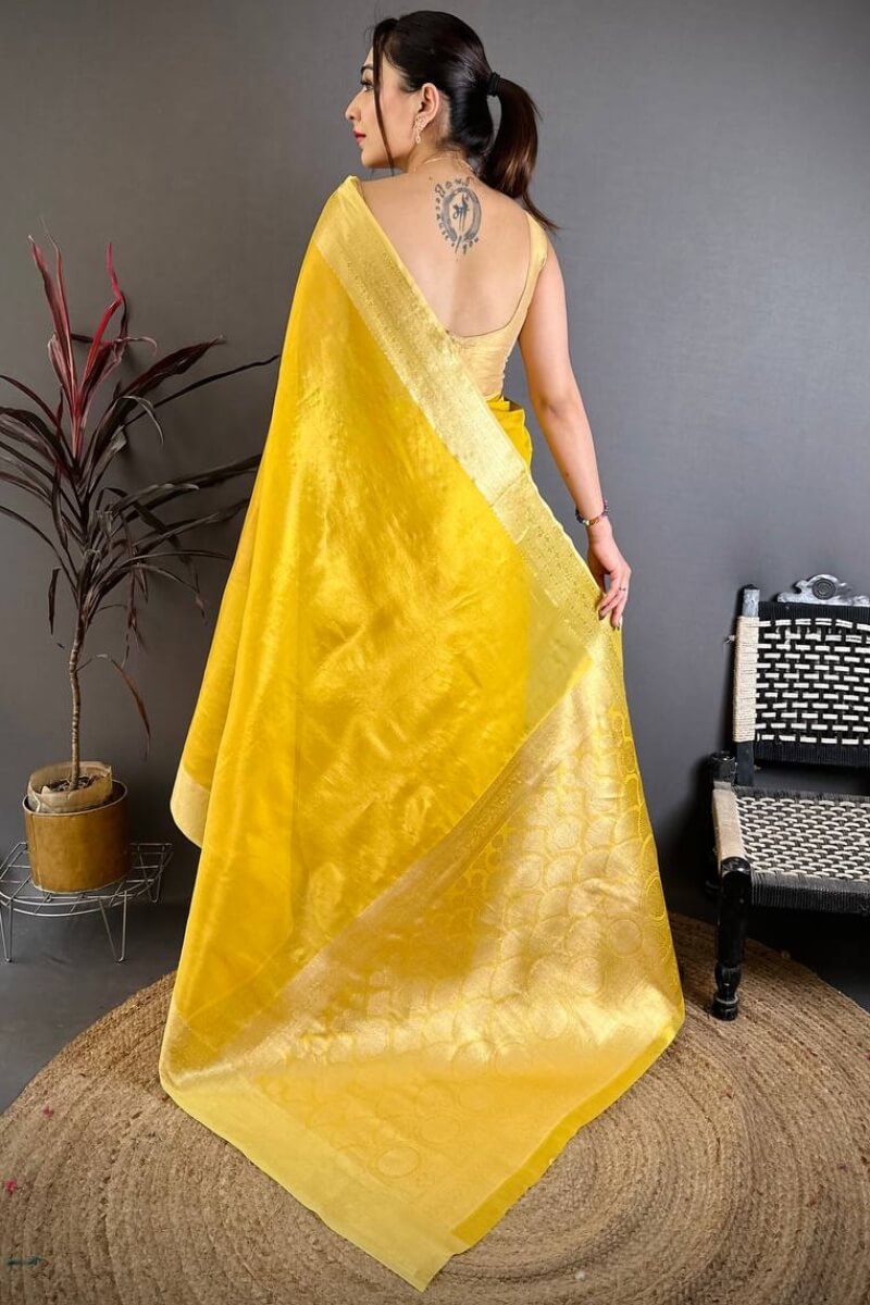 Unique Golden Banarasi Tissue Silk Saree With Diaphanous Blouse Piece