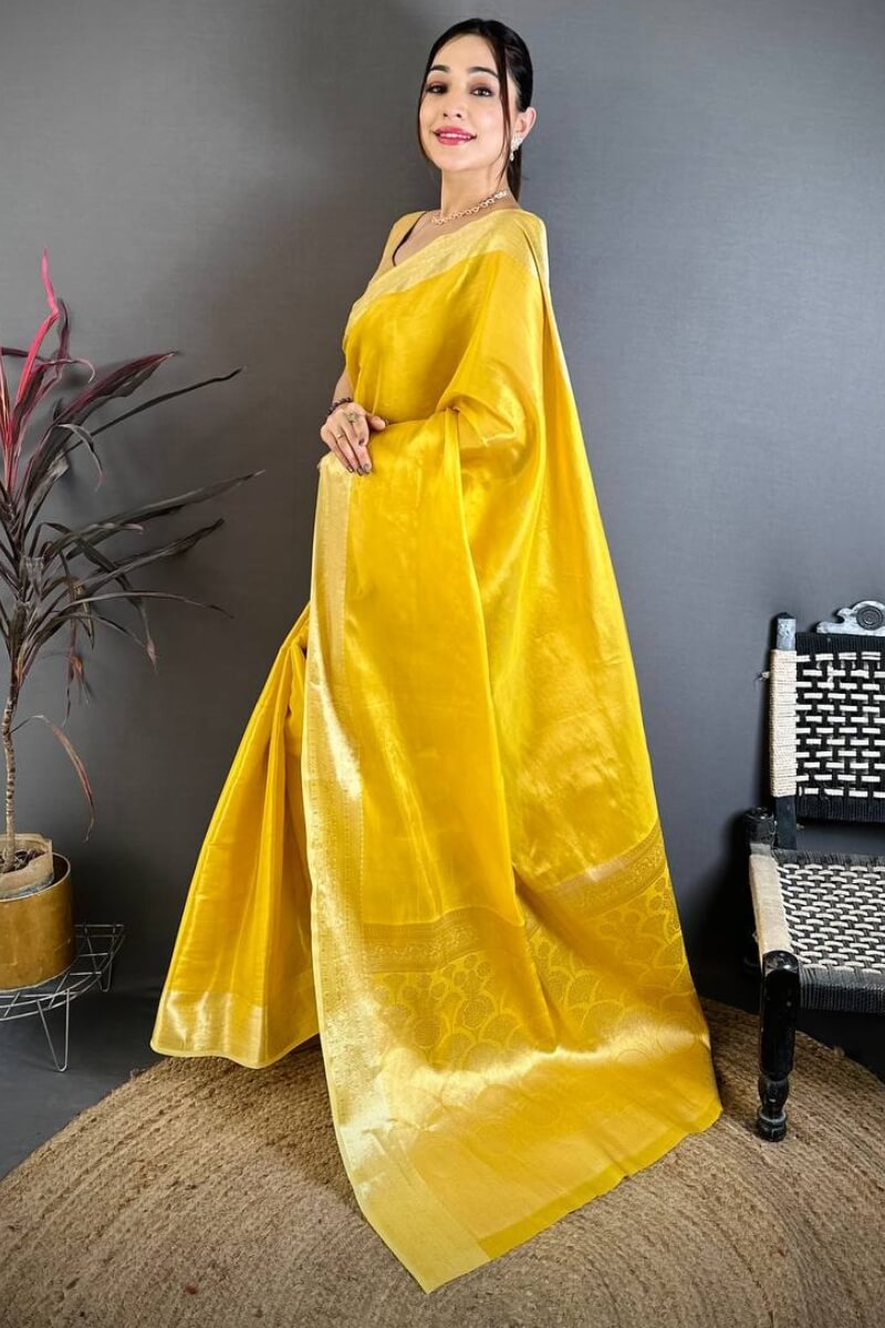 Unique Golden Banarasi Tissue Silk Saree With Diaphanous Blouse Piece