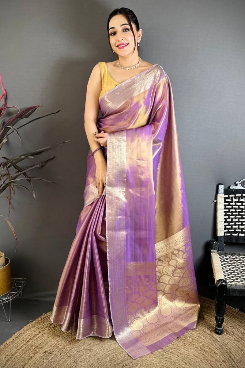 Elaborate Lavender Banarasi Tissue Silk Saree With Denouement Blouse Piece