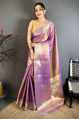 Elaborate Lavender Banarasi Tissue Silk Saree With Denouement Blouse Piece